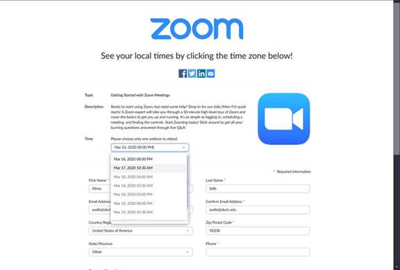 Zoom training registration page after selecting the type of training showing sign-up form and menu to select a training time