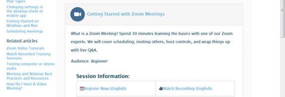 main Zoom training registration page with Getting Started in Zoom topic expanded showing the registratoin link or option to watch a video