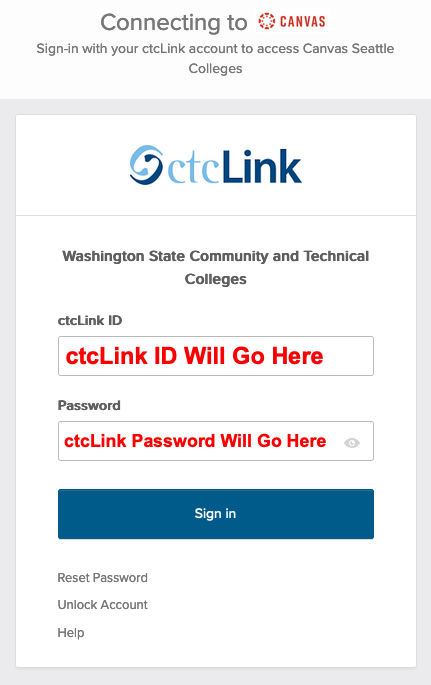 Screen Shot of ctcLink Login with ctcLink ID and Password fields displaying.