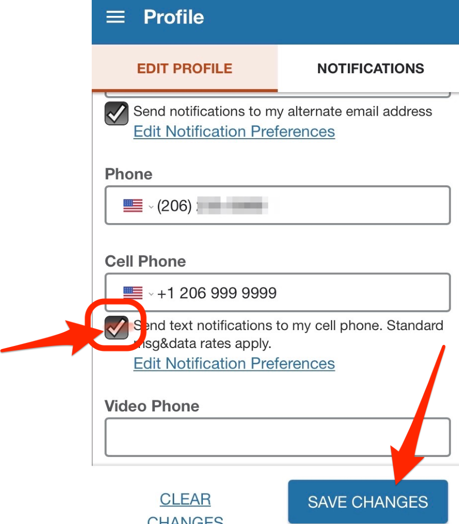 This image shows contact information section of the Starfish profile.  The option box under the Cell Phone field is checked. There is a red arrow pointing to this box, which is where you need to change your preference. Then click the Save Changes button at the bottom right of the screen.