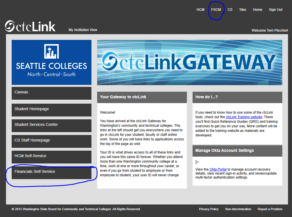 Screenshot of c t c Link home page, with the last item (6 of 6) selected in the left-side navigation.
