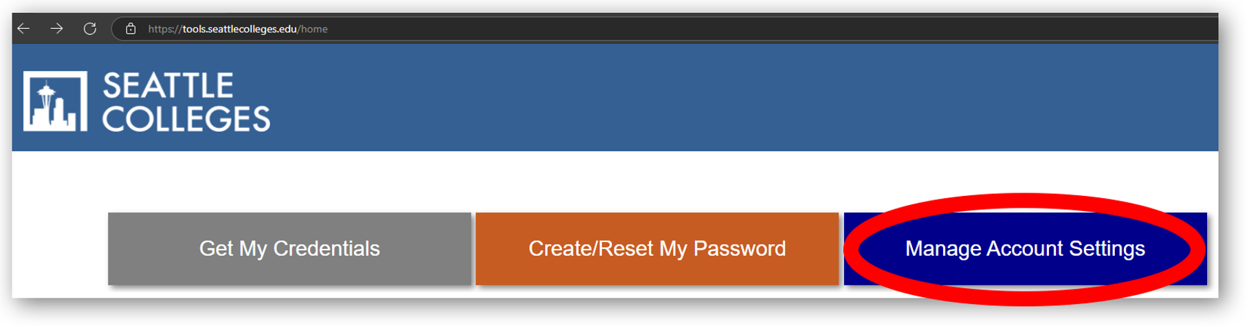 Screenshot of tools.seattlecolleges.edu with the button "Manage Account Settings" highlighted.