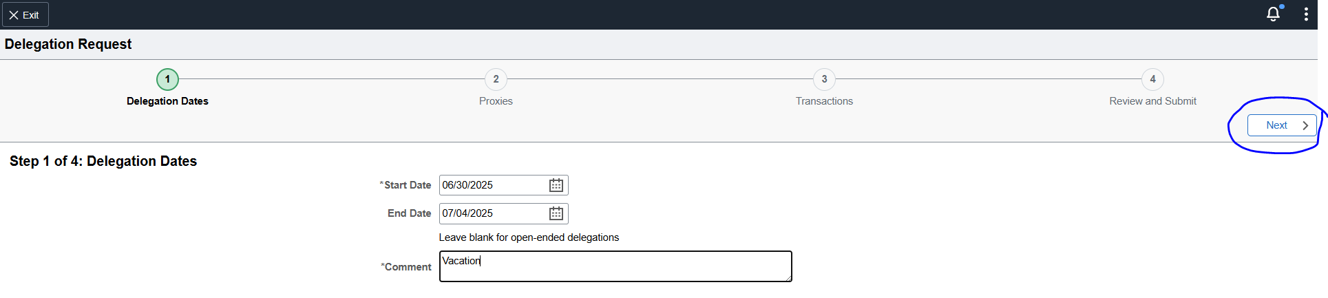 Screenshot showing the fields in the prior instruction