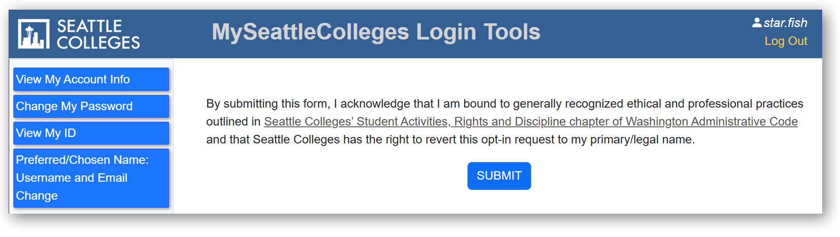 Screenshot showing the acknowledgement statement and Submit button.