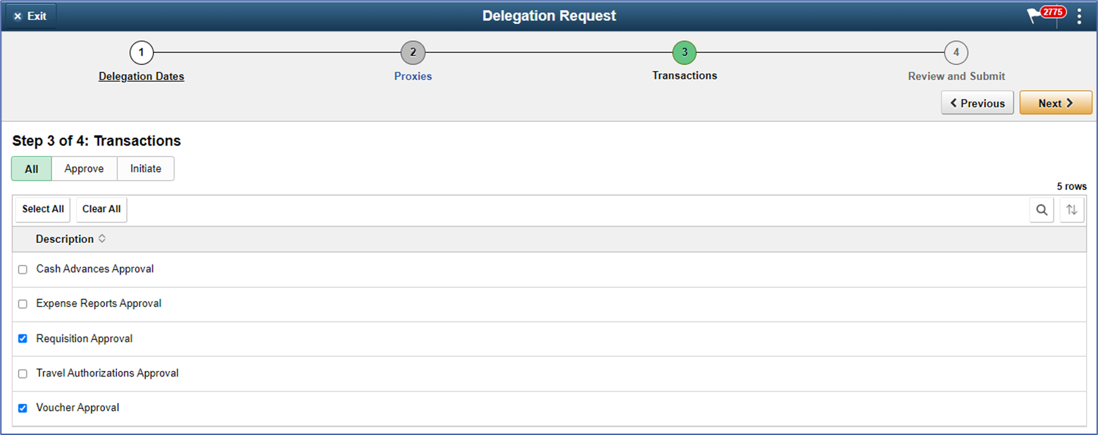 Screenshot showing the list of checkboxes for transaction types
