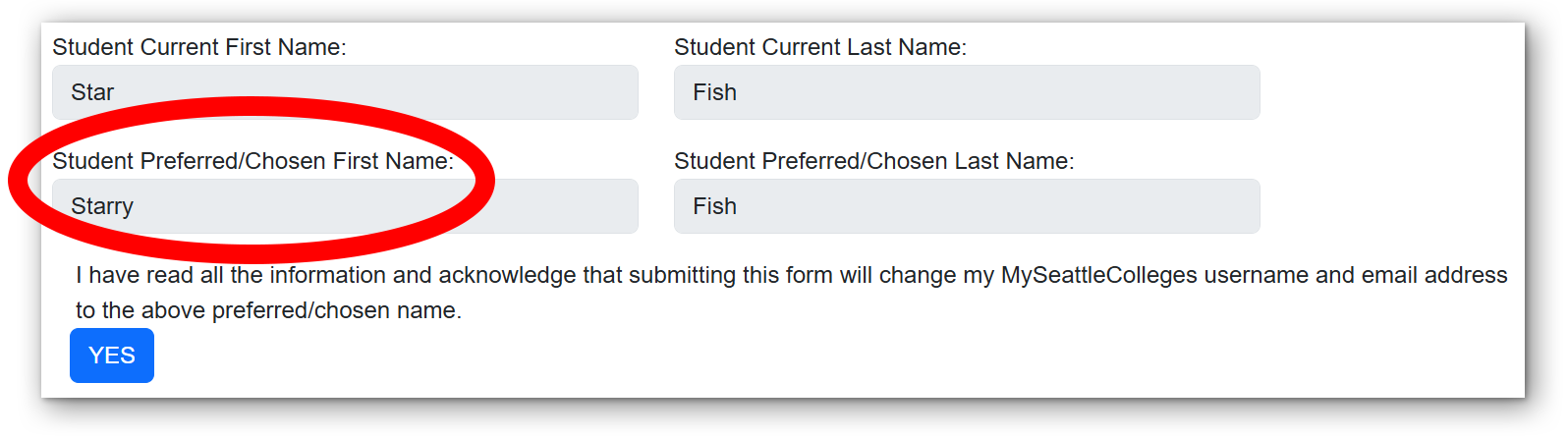 Screenshot of the name change form showing that the student's first name has been updated by c.t.c. Link data.