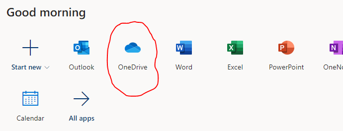 Screenclip of O365 with OneDrive icon circled in red
